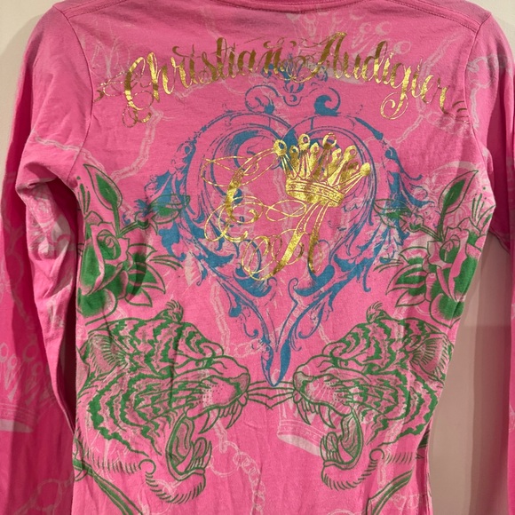 Y2K Christian Audigier Pink Graphic Long Sleeve Tee - size M - Picture 9 of 16